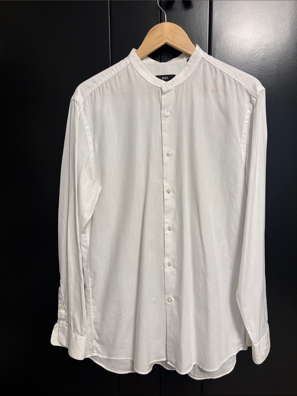 Hugo Boss White Band-Collar Long-Sleeve Dress Shirt